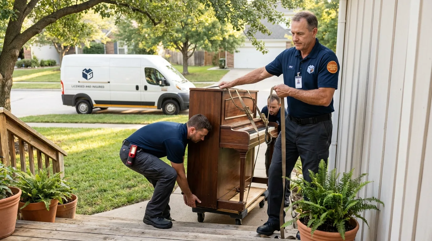 Licensed piano movers securing grand piano in Upland, CA