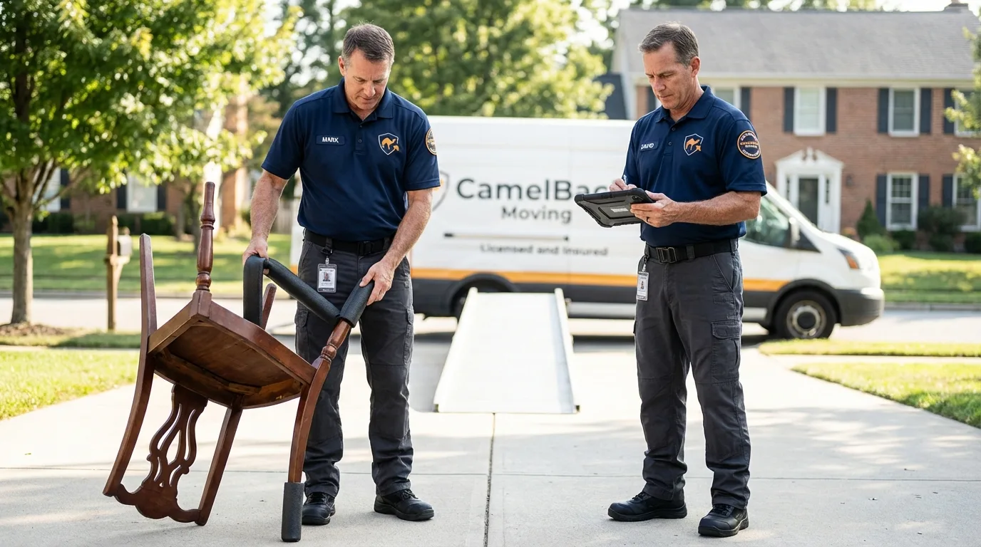Movers inspecting furniture for damage prevention before loading in Upland, CA