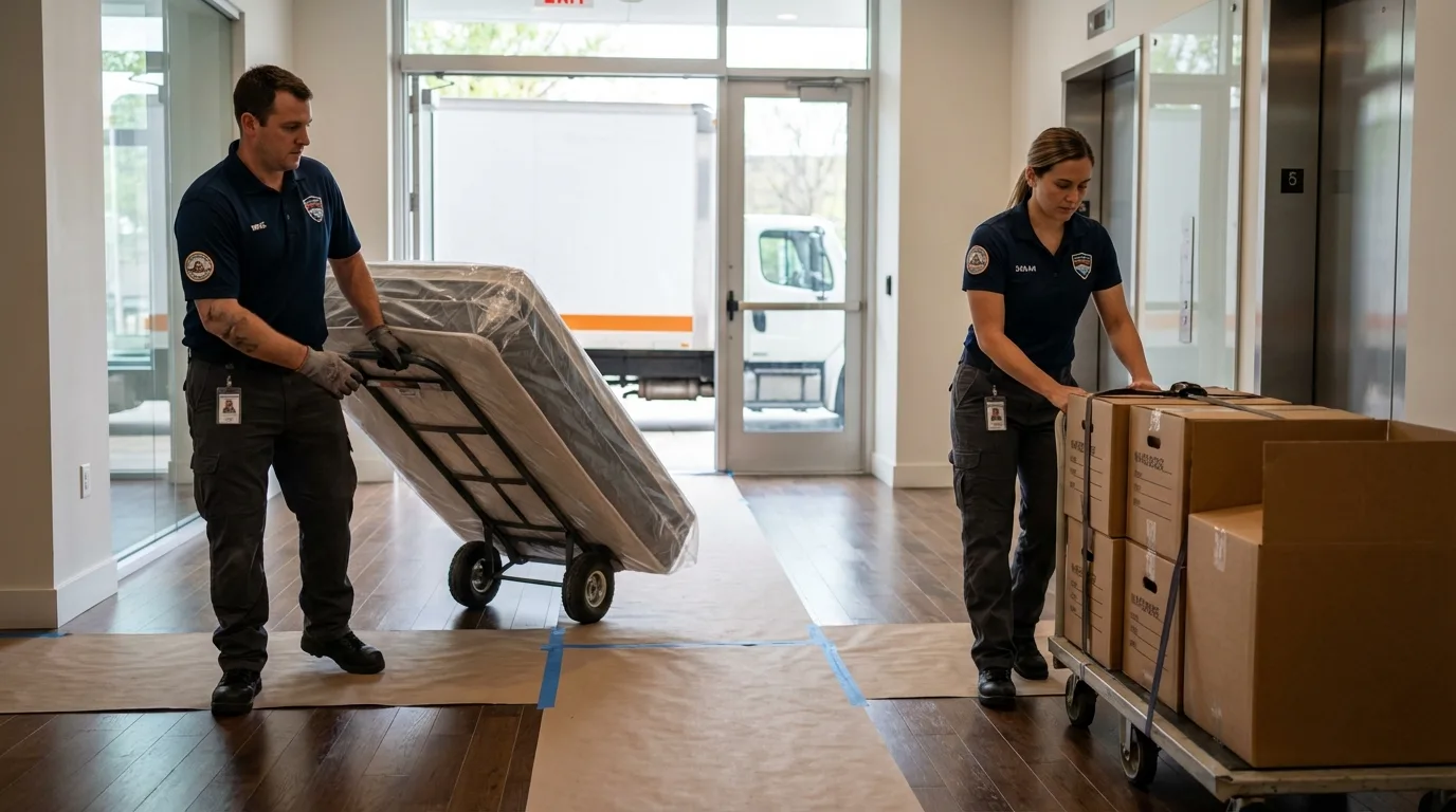 Professional apartment movers loading elevator in Upland, CA